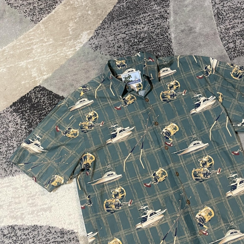 AFTCO Bluewater Fishing Shirt Men Medium‎ Green Hawaiian Boat Button Up Aloha